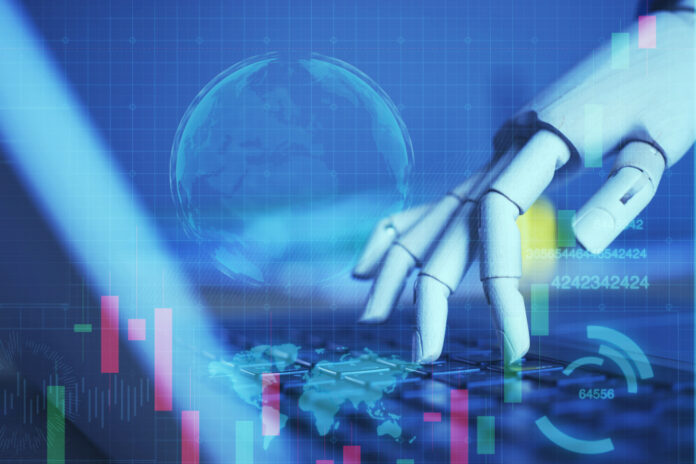 Robot finger point to laptop button with flare light and HUD effect,Robotic , artificial intelligence ,roboto advisor,system software, genetic program networks,chatbot Intelligence Technology concept Robot finger point to laptop button with flare light and HUD effect,Robotic , artificial intelligence ,roboto advisor,system software, genetic program networks,chatbot Intelligence Technology concept